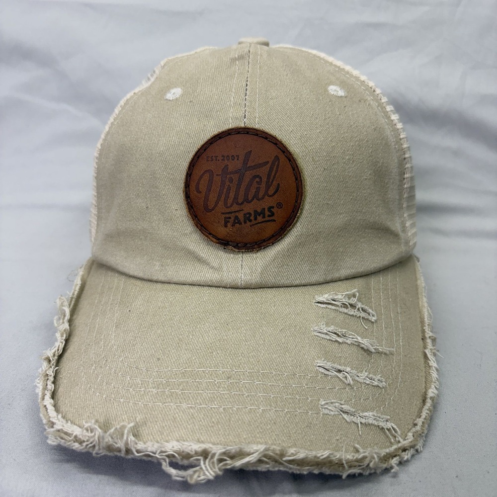Vital Farms Trucker Hat Distressed Unisex OS Tan Leather Patch Mesh Cap